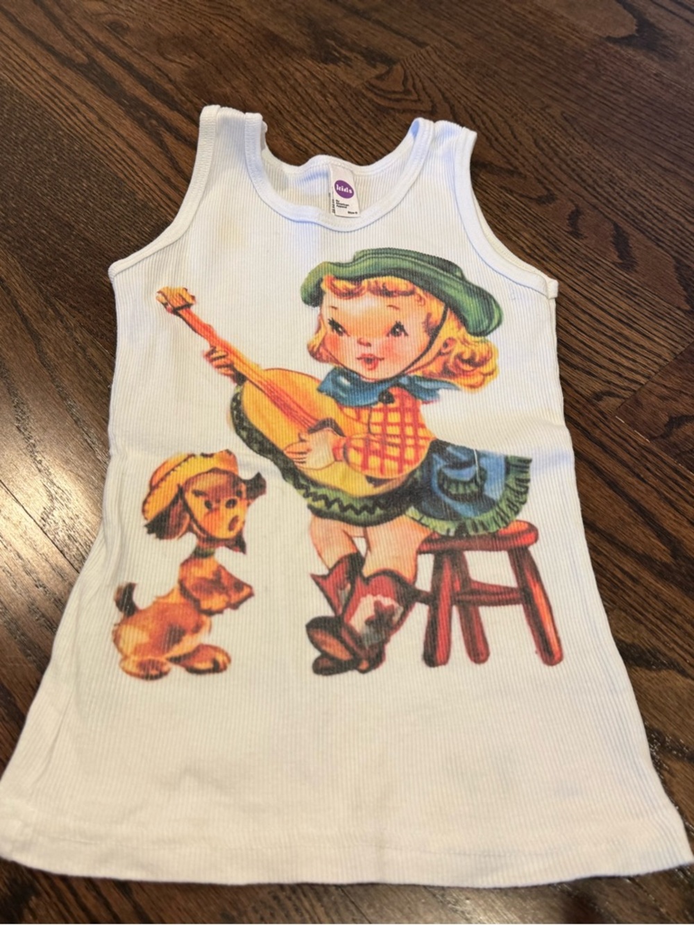American Apparel vintage Lucy’s White Ribbed Tank with Vintage Girl & Dog Print